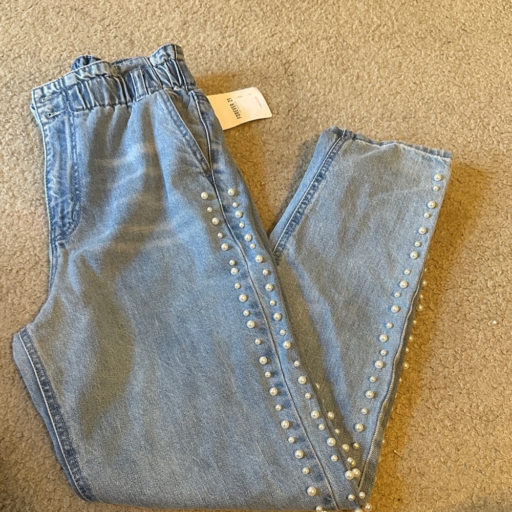 Forever 21 Light Blue Cropped Jeans with Pearl Accents